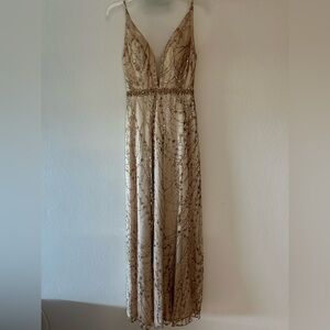 Platinum gold maxi dress with sequins and rhinestone embellishments, size 0.